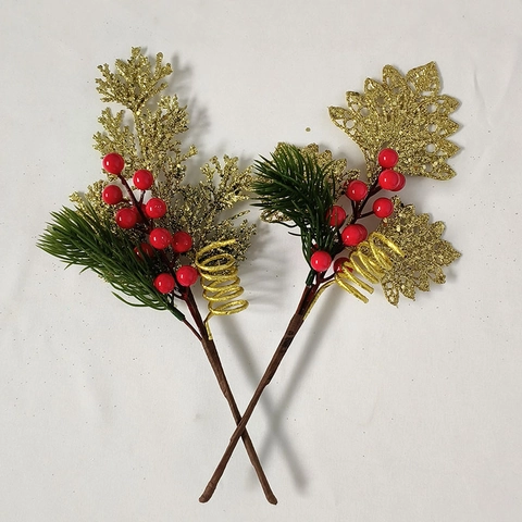 Artificial Christmas Tree Picks With Red Berries Pine Needles And Glitter Leaves For Holiday Party Home Decoration