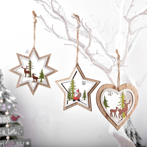 Christmas Wooden Hanging Ornaments Hollow Layered Santa Snowman Reindeer Star Heart Shape Rustic Holiday Tree Decorations