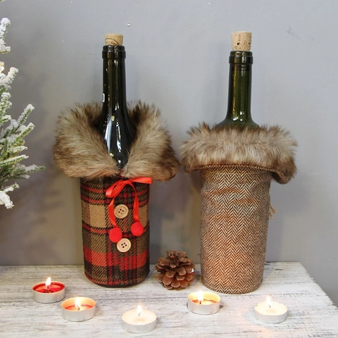 Christmas Wine Bottle Cover Faux Fur Collar Herringbone Plaid Fabric Wood Button Decorative Festive Winter Coat Style