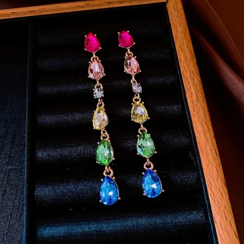 Bunte Strass Wasser Tropfen Lange Quasten Ohrringe Mit Silbernem Ohrstecker Französischen Palast Stil Mode Legierung Schmuck Damen