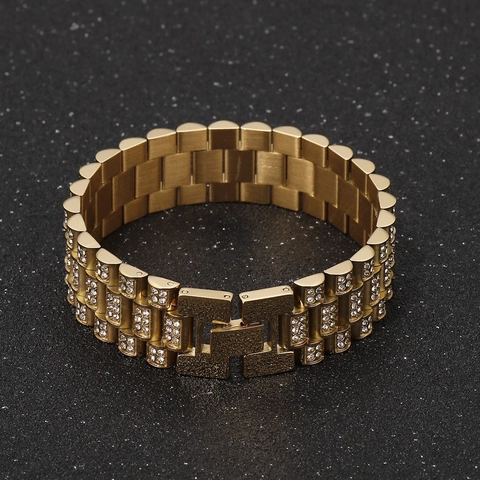 Bracciale Hip Hop Da Uomo Acciaio Inossidabile Strass Design Catena Di Orologio Gioielli Punk Di Lusso