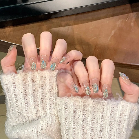 Press On Nails Aurora Sequins Shell Fragments Shimmering Glitter Medium Square Round False Nails Elegant Fairy Style