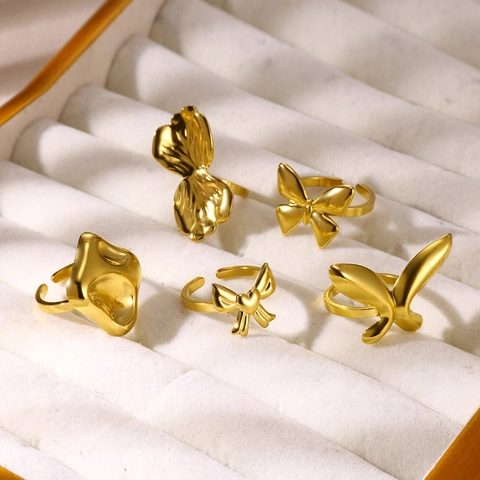 18K Gold Plated Stainless Steel Open Rings For Women Butterfly Heart Irregular Molten Texture Adjustable French Retro
