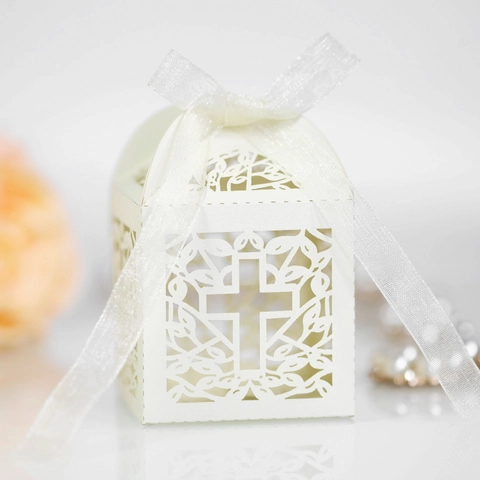 Κουτί Δώρου Με Σταυρό Laser Cut Περλέ Χαρτί Με Κορδέλα Γάμος Βάπτιση Θρησκευτική Χάρη Πάρτι Κομψό