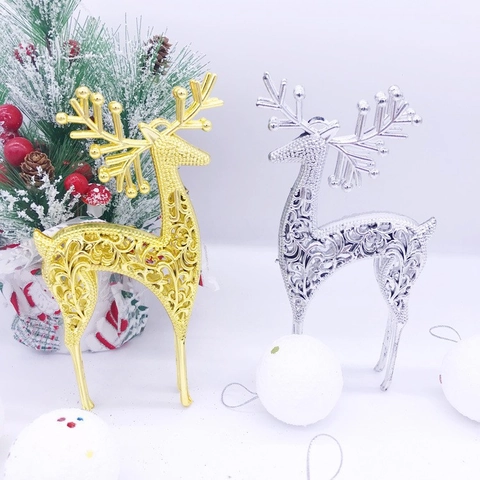Christmas Reindeer Hanging Ornament Hollow Filigree Plastic Electroplated Deer Figurine Festive Tree Decoration
