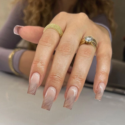 Press On Nails French Smudge Gradient Marble Pattern Mid Long Square Artificial Nails Removable Plastic False Nails