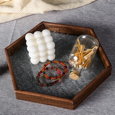 Vintage Massivholz Begonien Muster Geprägtes Glas Dekorative Schreibtisch Organizer Halter Nordic Stil Heim Platte