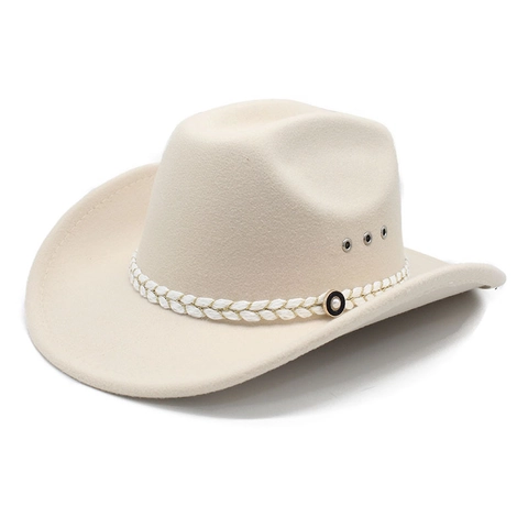 Western Cowboy Hat Cotton Polyester Felt Wide Brim Vintage Ethnic Style Braided Band Artificial Pearl Decor Breathable Sun Protection Accessory