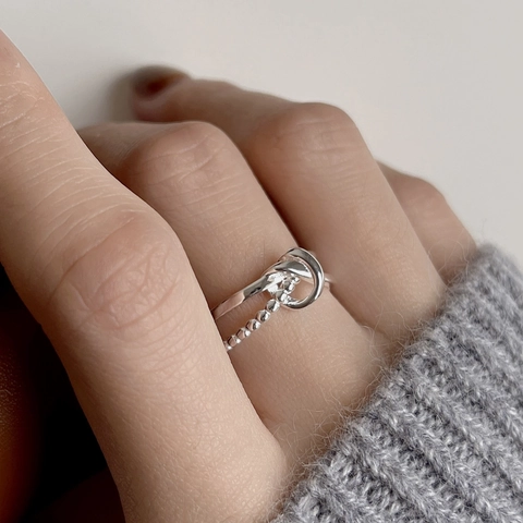 925 Sterling Silver Knot Ring Double Layer Beaded Smooth Adjustable Open Ring Minimalist Jewelry For Women