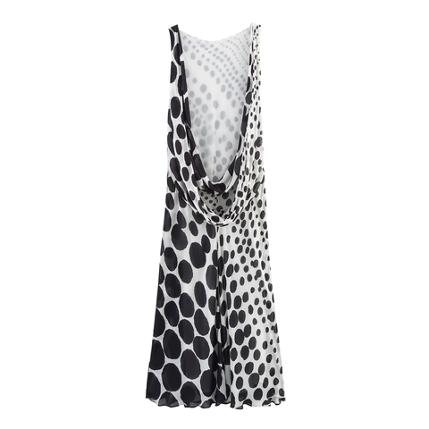 Elegante Abito Maxi Senza Maniche A Pois Da Donna Chiffon Poliestere Schiena Scoperta Scollo A Drappeggio Abito Lungo Sexy