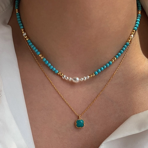 Turquoise Layered Necklace With Freshwater Pearl 18K Gold Plated Beaded Choker Vintage Bohemian Jewelry For Women