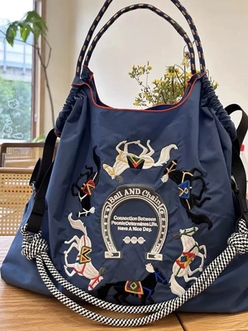 Borsa Tote In Nylon Con Ricamo Di Cavallo Manico In Corda Intrecciata Grande Capacità Borsa Da Shopping Donna