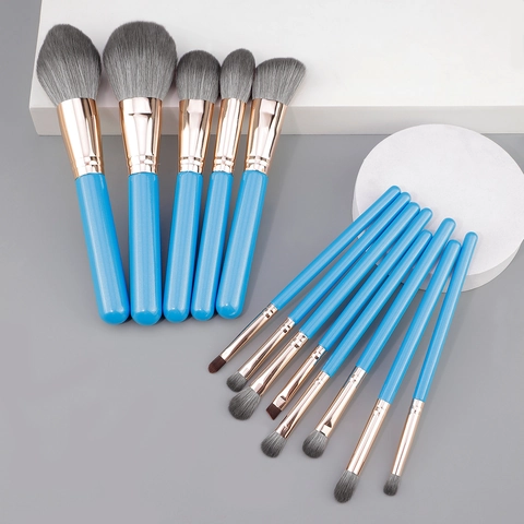 Set Di Pennelli Da Trucco Professionali Setole In Fibra Sintetica Morbida Cipria Fondotinta Ombretto Strumenti Per Sfumare Manico In Legno Celeste