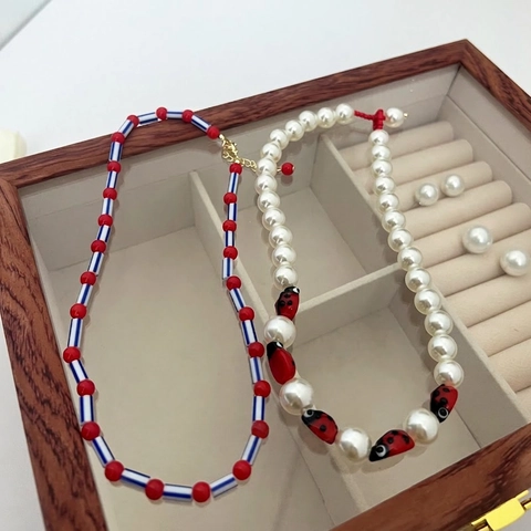Handmade Beaded Necklace With Faux Artificial Pearl Cute Duck Ladybug Pendant Korean Style Contrast Color Layered Clavicle Chain Women