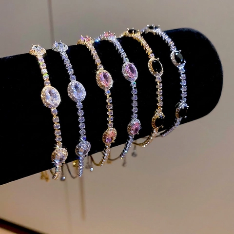 Elegant Oval Zircon Bracelet Copper Adjustable Slider Bolo Clasp Luxury French Style Jewelry For Women Sparkling