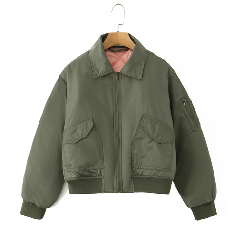 Giacca Bomber Donna Verde Militare Antivento Fodera Trapuntata Rosa Cerniera Corta Casual Maniche Lunghe Collo Cappotto