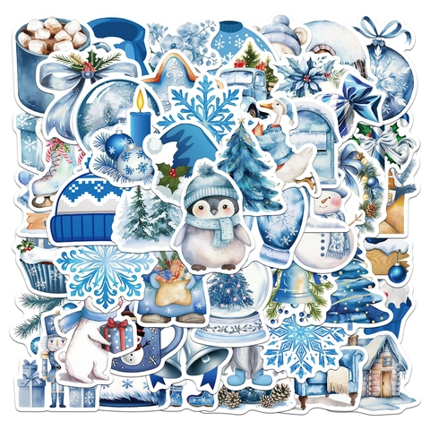 50PCS Winter Cartoon Stickers Cute Blue Christmas Snowman Penguin Waterproof PVC Decals For Water Bottle Laptop Phone Case Scrapbooking