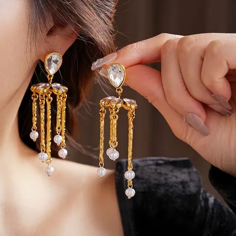 Pendientes Vintage De Borla Con Flores Aleación Rhinestone Perla Artificial De Imitación Con Poste De Plata Joyería Elegante