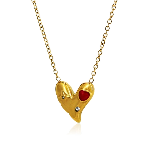 Collar Con Colgante De Corazón Acero Inoxidable Chapado En Oro De 18K Esmalte Rojo Incrustaciones Circonitas Cadena Clavícula
