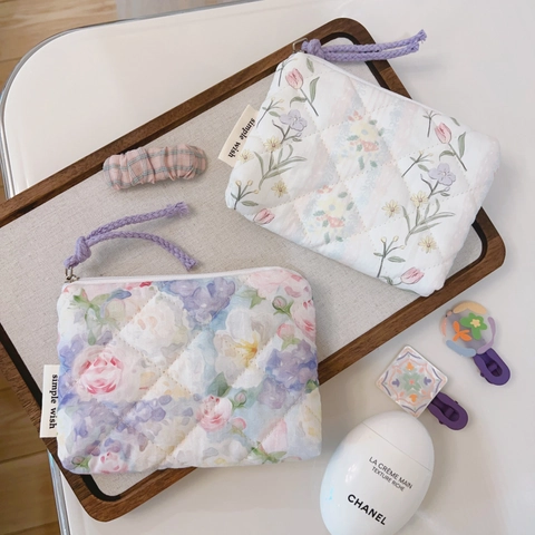 Quilted Cotton Floral Coin Purse Mini Storage Pouch Women Zipper Closure French Style Pastoral Pattern Makeup Bag