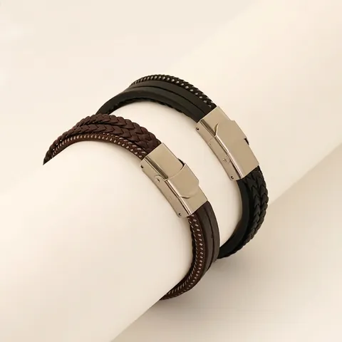 Herren Armband Mehrlagig Geflochtenes Leder Mit Edelstahl Magnetverschluss Vintage Lässiger Modeschmuck