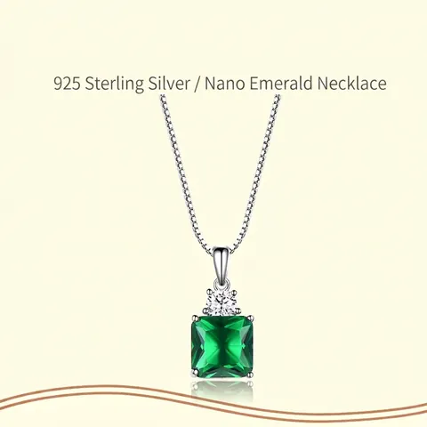 Elegant 925 Sterling Silver Pendant Necklace With Square Synthetic Emerald And Rhinestone Geometric Women Party Jewelry