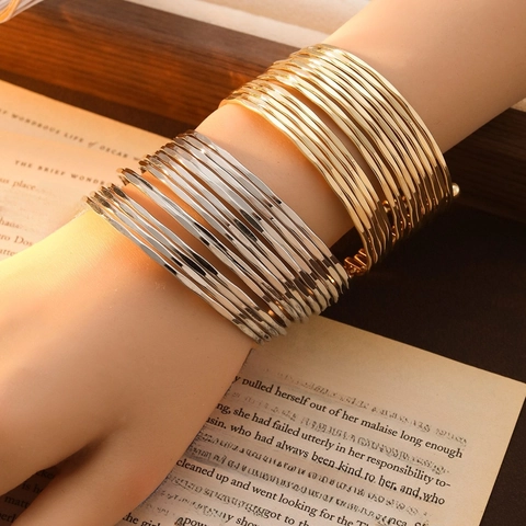 Multi Layer Rippled Metal Open Cuff Bracelet Alloy Adjustable C Shaped Wide Stackable Bangle Hip Hop Minimalist Style