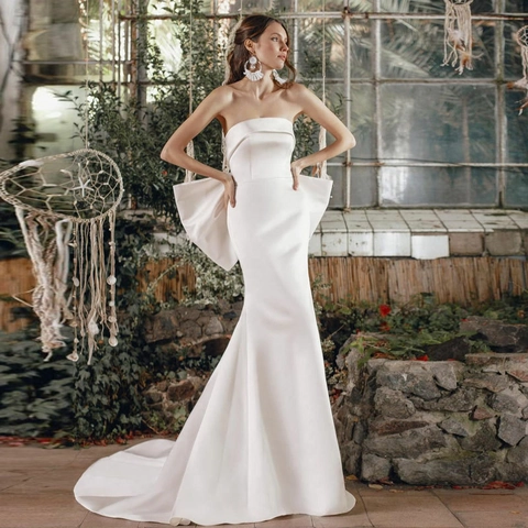 Abito Da Sposa Sirena In Raso Senza Spalline Con Grande Fiocco Sul Retro Elegante Abito Senza Maniche Bianco Avorio Per Donna