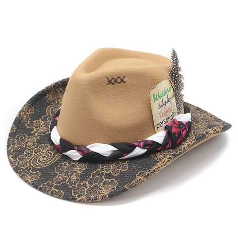 Western Cowboy Hat Felt Wide Brim Fedora With Feather Braided Band Patterned Brim Ethnic Retro Style