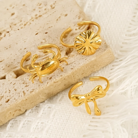 18K Vergoldete Titanstahl Offene Ringe Für Frauen Schleife Krabbe Und Ozean Serie Verstellbarer Hypoallergener Schmuck
