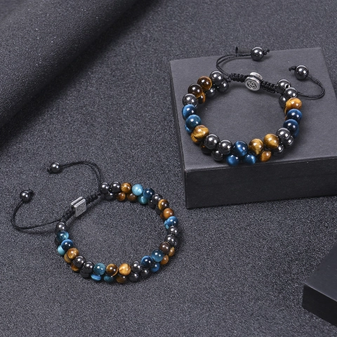 Double Layer Blue Yellow Tiger Eye Black Agate Magnetic Stone Beaded Bracelet Adjustable Braided Rope Jewelry Unisex