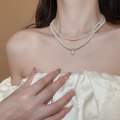 Layered Imitation Artificial Pearl Necklace Copper Gold Plated Zircon Pendant Clavicle Chain For Women Elegant Jewelry