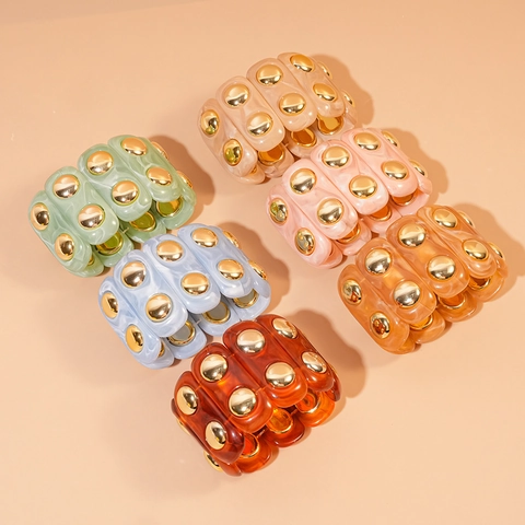Wide Acrylic Cuff Bracelet With Gold Alloy Rivets Vintage Marble Texture Stretchy Bohemian Fashion Jewelry For Women