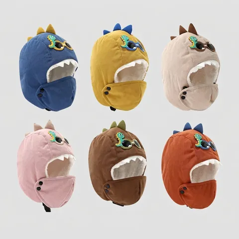 Kids Winter Dinosaur Trapper Hat Fleece Lined Windproof Lei Feng Cap With Face Mask For Toddlers Boys Girls Warm Hat