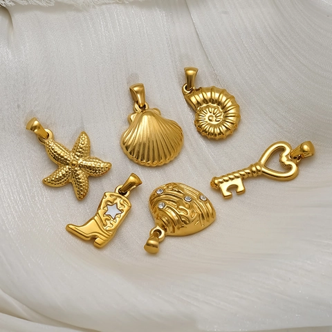 18K Vergulde 304 Roestvrijstalen Hangers Zeester Schelp Sleutel Cowboy Laars Bedels Voor DIY Sieraden Waterdicht