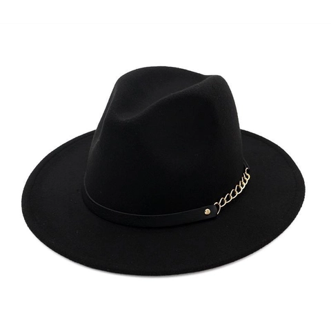 Classic Wide Brim Fedora Hat Polyester Wool Felt With Leather Band Gold Metal Chain Vintage British Jazz Style Women