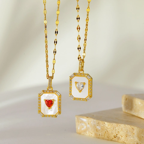 Heart Shape Gemstone Rectangular Pendant Necklace Copper With Mother Of Artificial Pearl Base Zircon Halo Clavicle Chain For Women