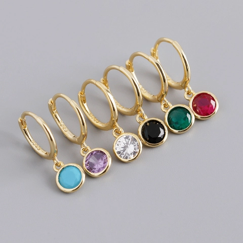 925 Sterling Zilveren Hoop Oorbellen Met Ronde Gekleurde Zirconia Hanger Voor Dames Minimalistische Modestijl