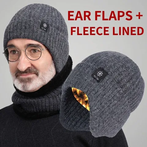 Men Winter Knitted Beanie Hat And Neck Warmer Fleece Lined Thermal Ear Protection Outdoor Casual Acrylic Wool Blend