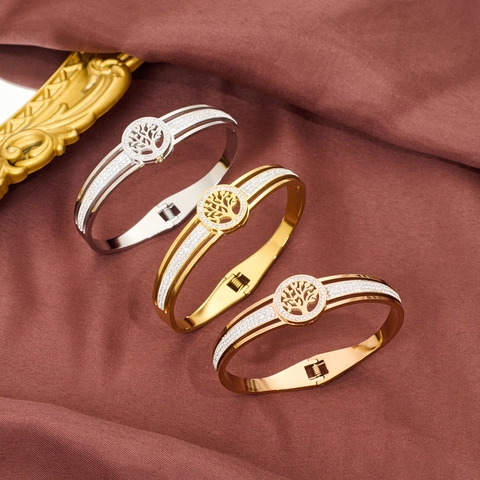 Tree Of Life Bangle Stainless Steel Hollow Out Rhinestone Inlaid Fashion Jewelry For Women Elegant Polished Cuff