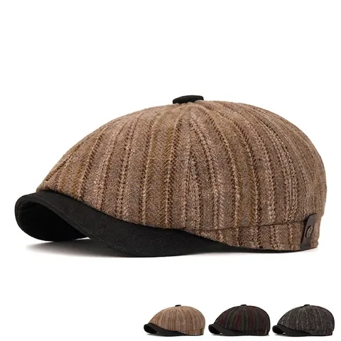 Vintage Gestreifte Schirmmütze Britischer Stil Verstellbar Warmer Polyester Flache Malermütze Gatsby Hut
