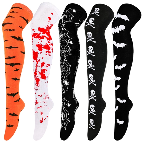 Halloween Blood Splatter Thigh High Socks For Women Spider Web Bat Skull Pattern Over Knee Stockings Cosplay Party Decorative Printed Socks
