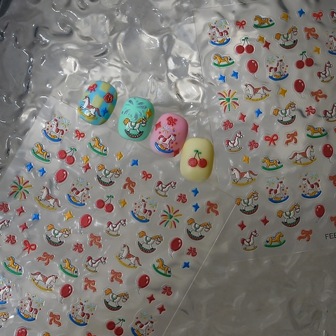 5D Embossed Nail Stickers Rocking Horse Cherry Bow Star Decorative Self Adhesive Decals DIY Manicure Art Cartoon Cute