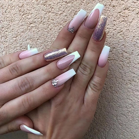 Faux Ongles Press On French Tip Dégradé Rose Strass Paillettes Ballerine Coffin Forme Ongles Artificiels Pour Femmes