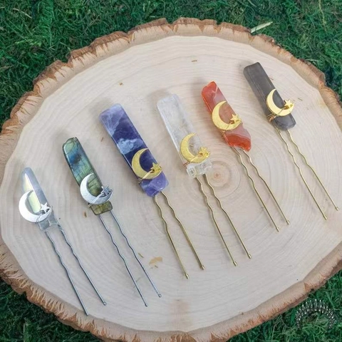 Natuurlijke Kristallen Haarstok Amethist Kwartsteen Met Ster Maan Legering Accessoires Boheemse Stijl Voor Vrouwen Handgemaakt