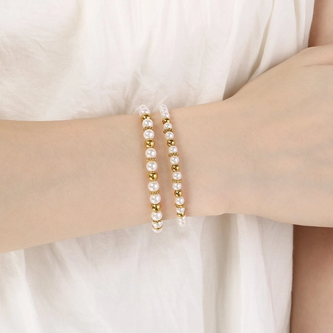 Pulsera Elegante De Perlas Artificiales De Vidrio Y Acero Inoxidable Para Mujer Joyería Minimalista Ajustable