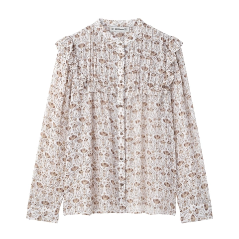 Floral Chiffon Blouse Ruffle Trim Stand Collar Long Sleeve Textured Elegant Vintage Women Top