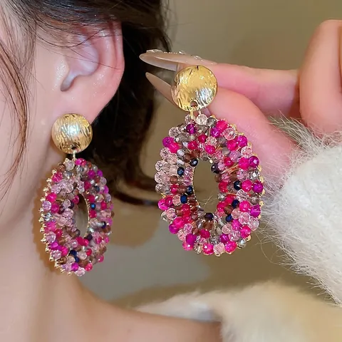 Ovale Perlen-Ohrhänger Mit 925 Sterling Silber Ohrstecker Bunter Glaskristall Vintage Palast Stil Für Damen