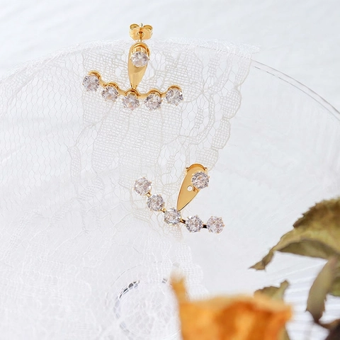 Zirkonia Ear Jacket Oorbellen 18K Verguld Titanium Staal Meerdere Gaten Verstelbaar Minimalistisch Ins Stijl Voor Dames