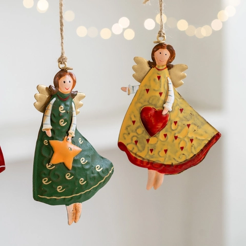 Rustic Christmas Angel Girl Hanging Ornaments Painted Iron Metal Figures For Xmas Tree Home Holiday Decor Vintage
